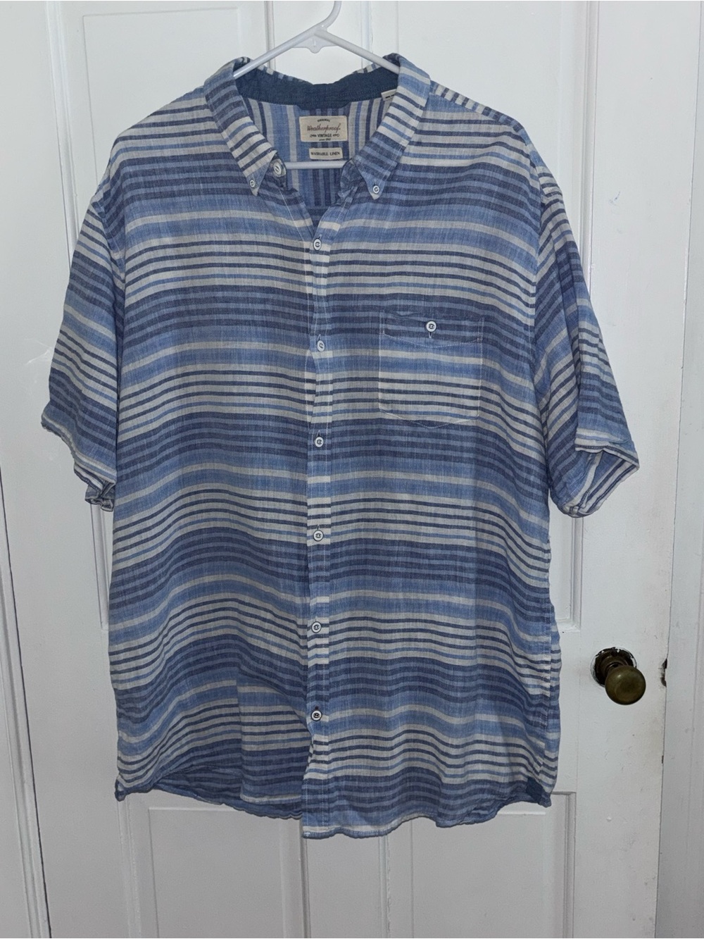 Weatherproof Vintage XXL Linen Blend Striped Button Front Blue White Shirt